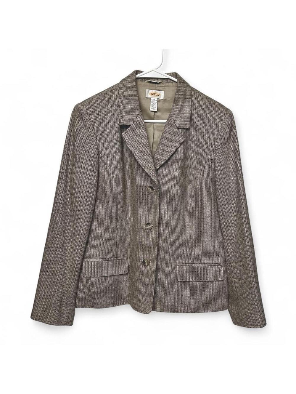 Talbots brown/tan herringbone silk and cotton blazer with button closure